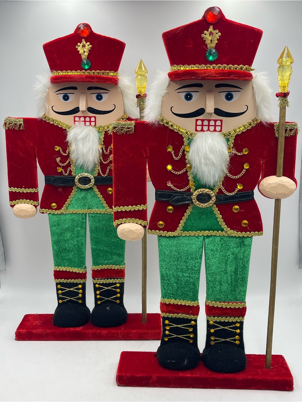 2pc Flat Wood Velvet 20” Nutcracker Soldiers - Low Profile Mantel Christmas Deco